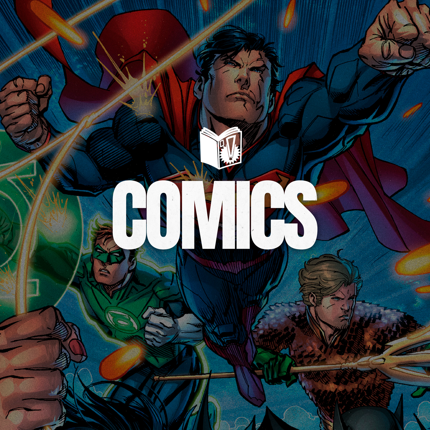 Diseño gráfico de portada para la colección de Super Shōnen Comics, mostrando arte dinámico de superhéroes de viñeta con el título 'COMICS'