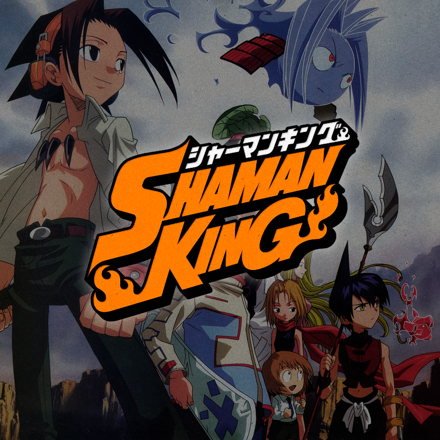  Banner de la colección "Shaman King" de Super Shōnen, mostrando el logo de la serie y a Yoh Asakura con su espíritu guardián Amidamaru, promocionando poleras y ropa de anime.