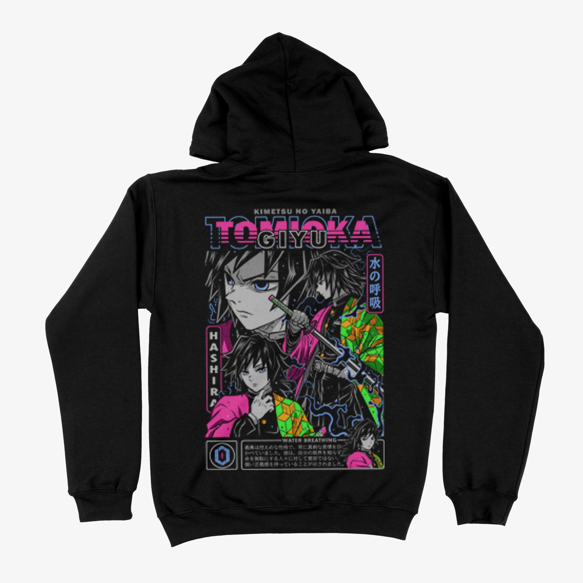Espalda de un hoodie negro de Kimetsu no Yaiba con una gran ilustracion de Giyu Tomioka en varias poses, con efectos de agua y el texto 'Water Breathing' en tonos neon