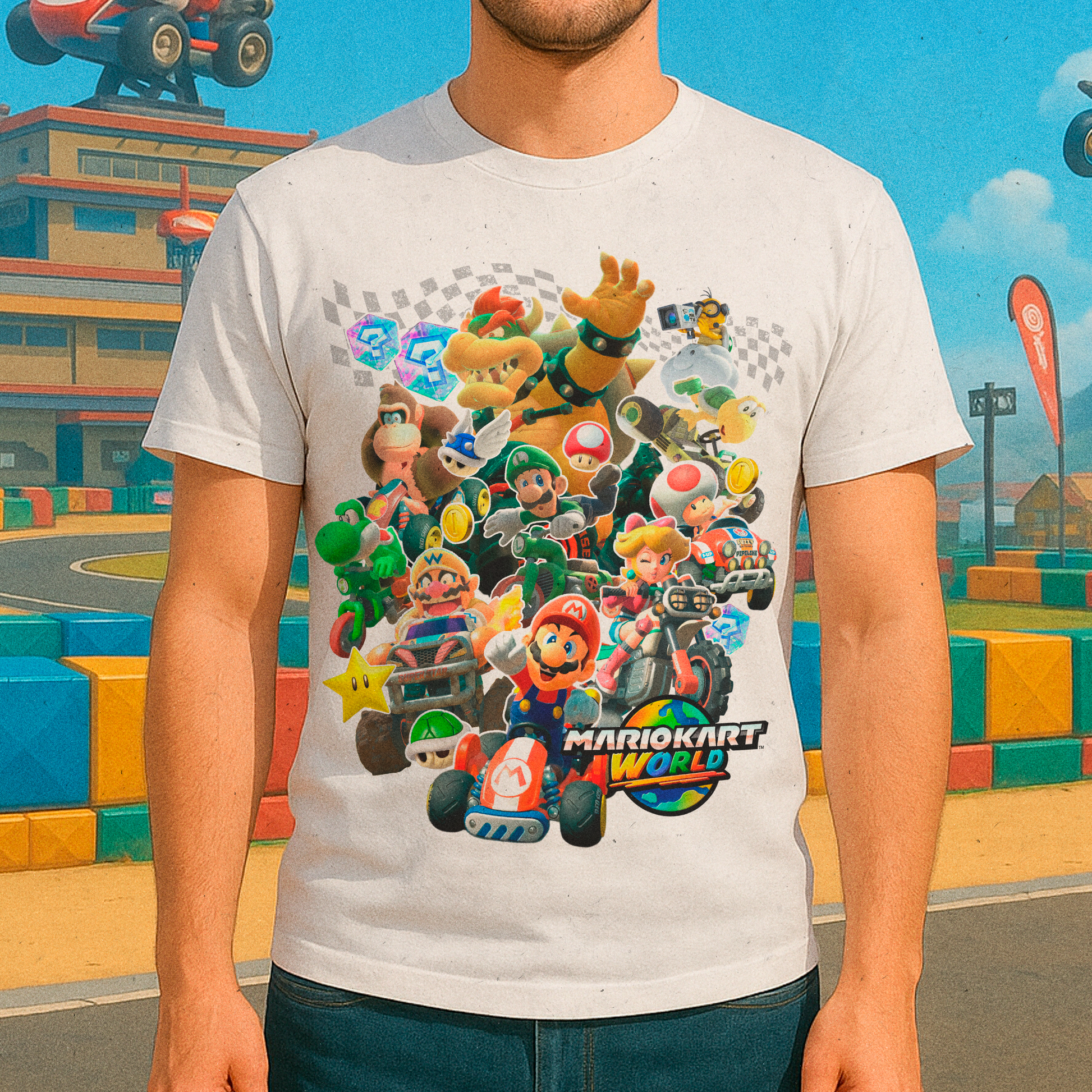 Hombre Usando Polera Blanca Mario Kart World en Mario Kart Circuit