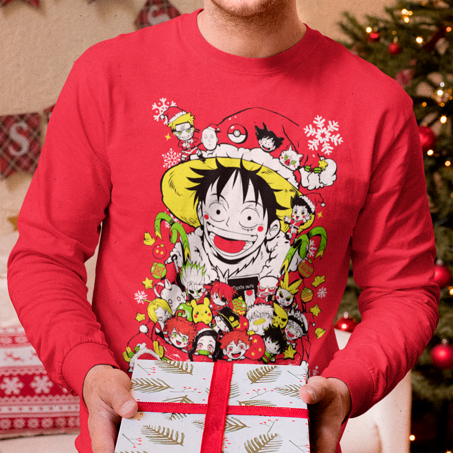 Hombre usando Poleron Rojo Navidad Shonen Jump Luffy Gon Naruto Goku Anime