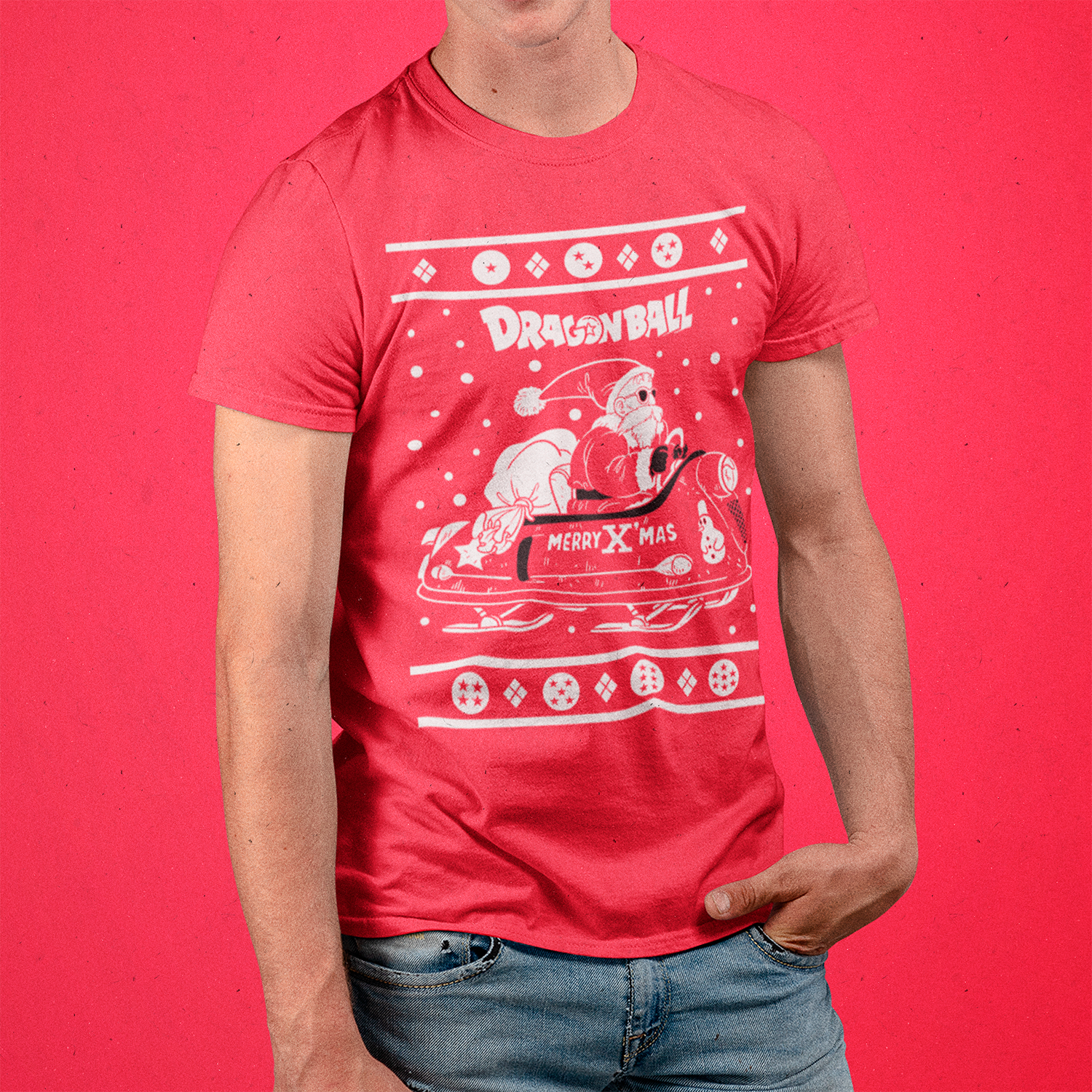 Hombre usando polera del Maestro Roshi Viejito Pascuero Dragon Ball 