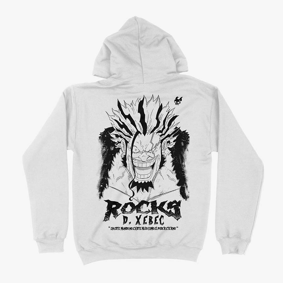 Hoodie Blanco Espalda de Rocks D Xebec con el Jolly Roger de los piratas de rocks impreso en dtg poleron con capucha ilustracion exclusiva de One Piece