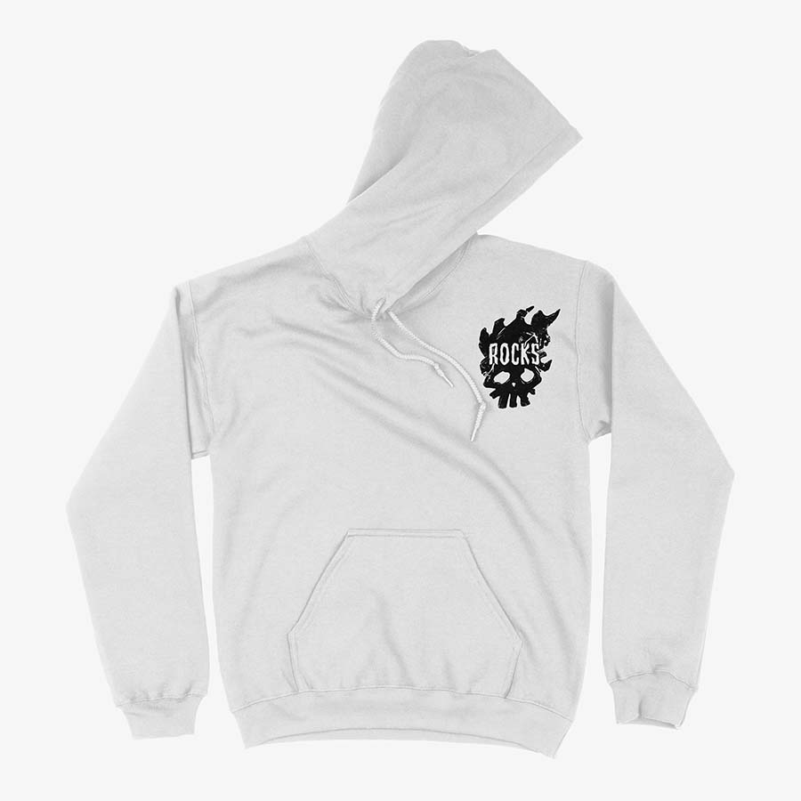 Hoodie Blanco de Rocks D Xebec con el Jolly Roger de los piratas de rocks impreso en dtg poleron con capucha ilustracion exclusiva de One Piece