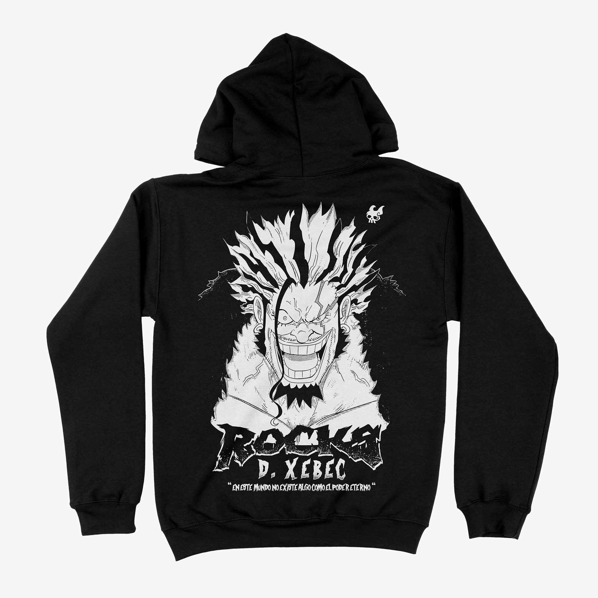 Hoodie Negro Espalda de Rocks D Xebec con el Jolly Roger de los piratas de rocks impreso en dtg poleron con capucha ilustracion exclusiva de One Piece