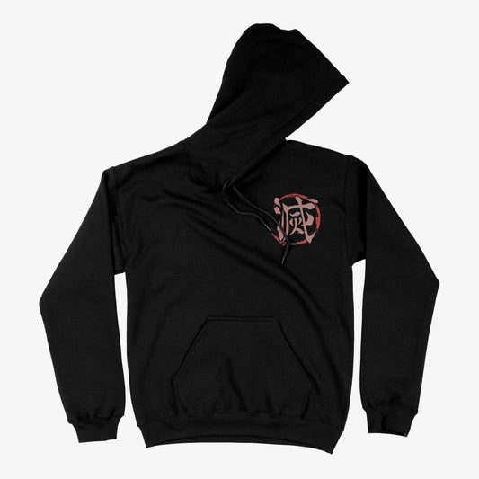 Hoodie Poleron Negro Kanji Demon Slayer, Muzan Kibutsuji, estampado frontal dtg
