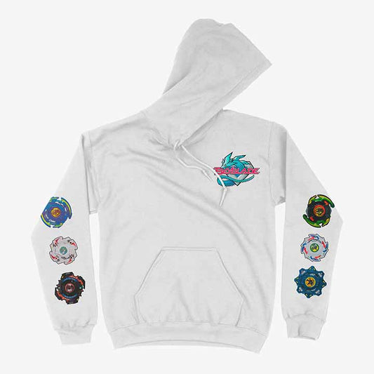 Hoodie blanco con el logo de Beyblade en el pecho y diferentes diseños de tops de Beyblade en las mangas