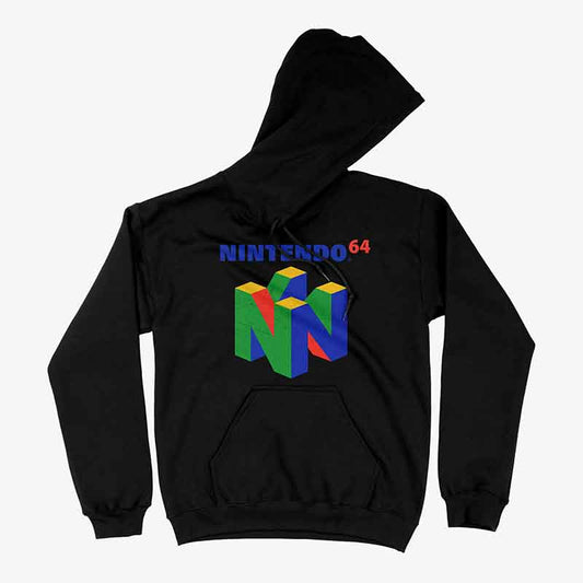 Hoodie negro con el logo tridimensional de Nintendo 64 en el centro