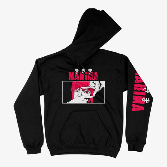 Hoodie negro de Makima de Chainsaw Man. Diseno frontal de Makima con un efecto de trama de manga en el rostro y la mano en el pecho