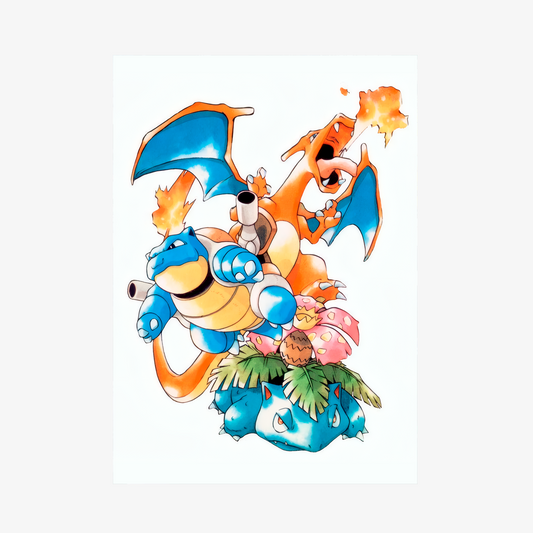 Ilustración clásica de las evoluciones finales de los iniciales de Kanto: Charizard, Blastoise y Venusaur, juntos en una pose de batalla épica de la Primera Generación de Pokémon