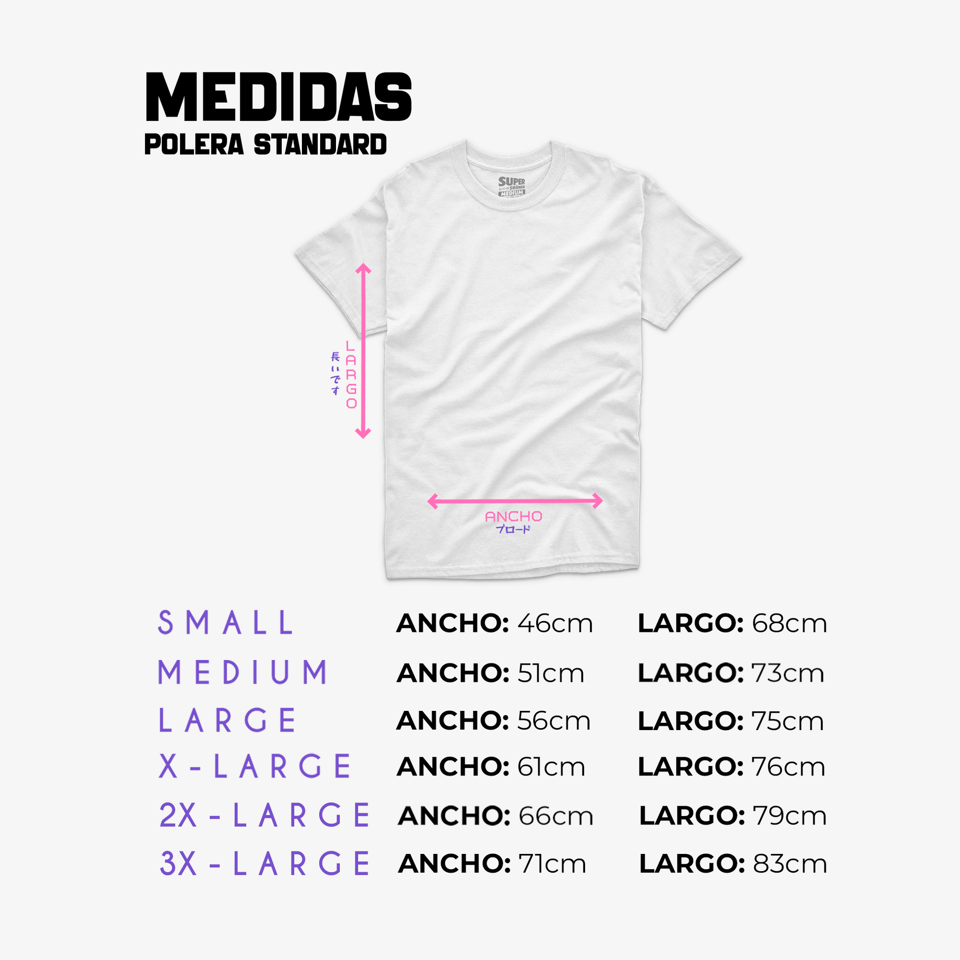 Medidas de las tallas S a la 3XL de una polera blanca standard