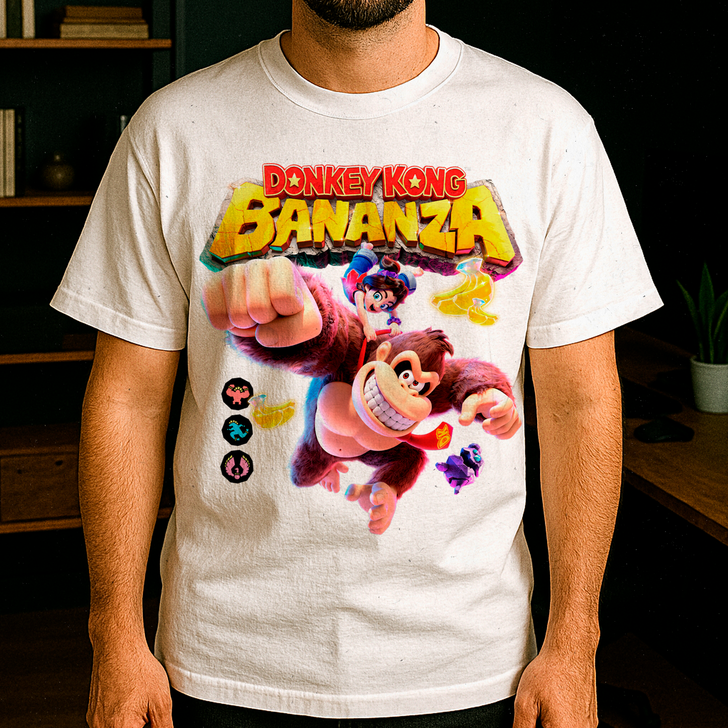 Modelo Usando Polera Blanca Donkey Kong Bananza