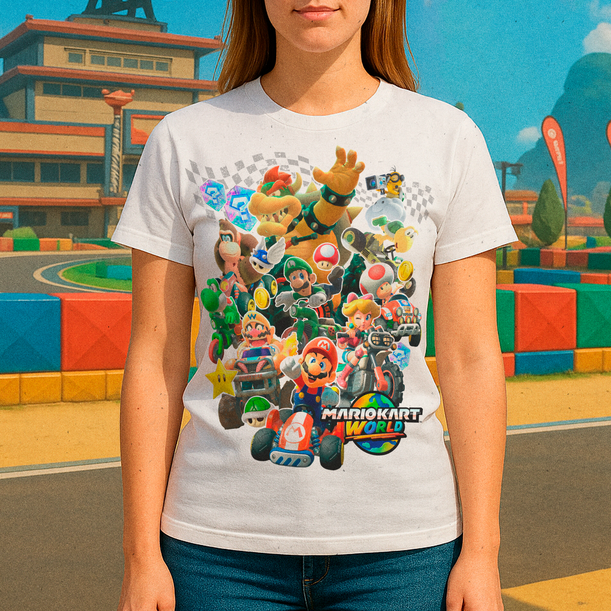 Mujer Usando Polera Blanca Mario Kart World en Mario Kart Circuit