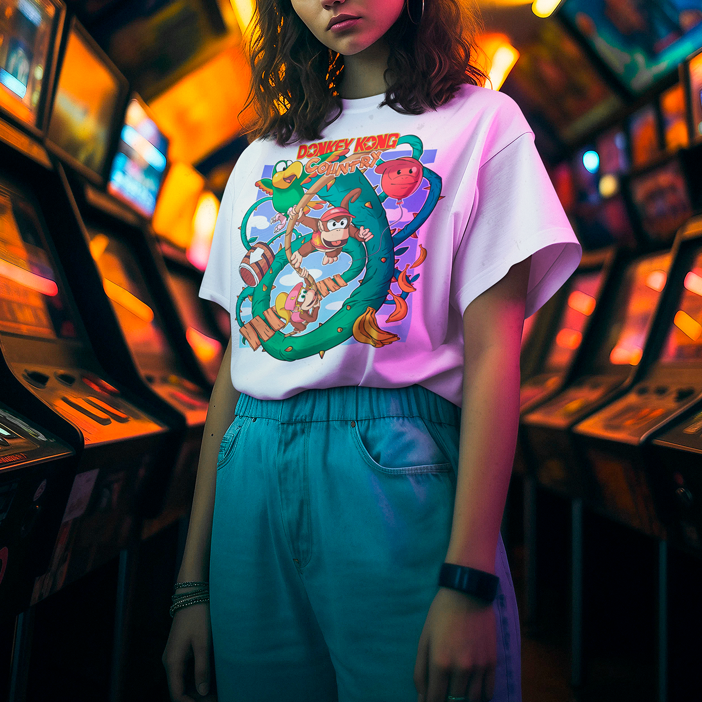 Mujer usando polera retro de Donkey Kong Country 2
