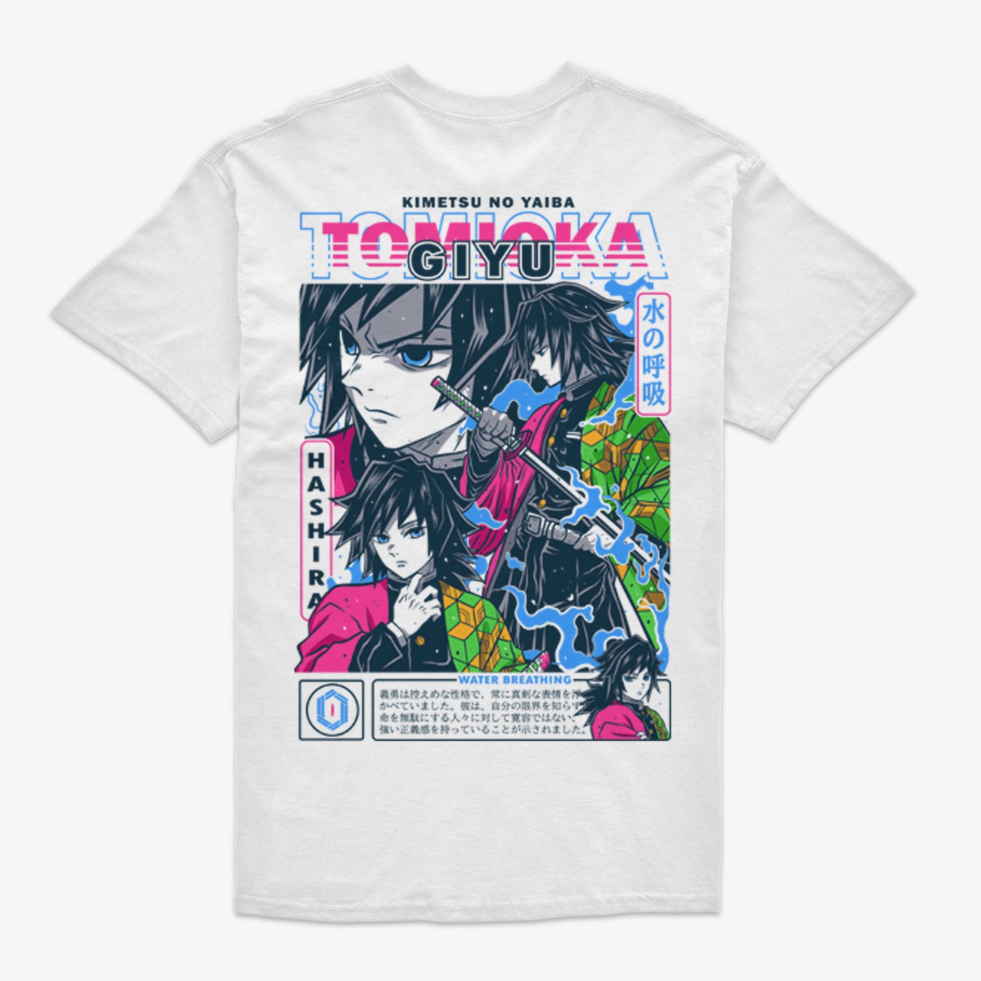 Parte trasera de una polera blanca de Kimetsu no Yaiba con una gran ilustración de Giyu Tomioka usando la 'Respiración del Agua', con efectos de agua y el texto 'Water Breathing' en tonos neón