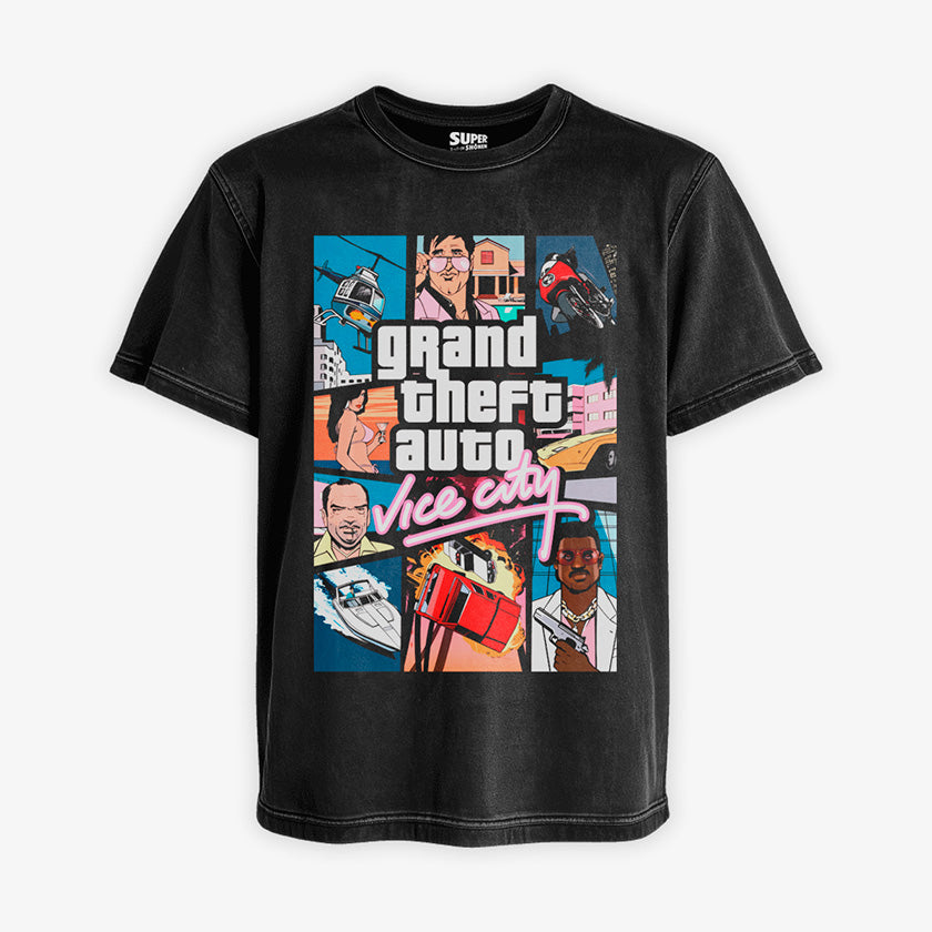 Polera Acid Wash Negra con el diseno de portada clasico de Grand Theft Auto Vice City, con Tommy Vercetti y otros personajes. Diseno frontal