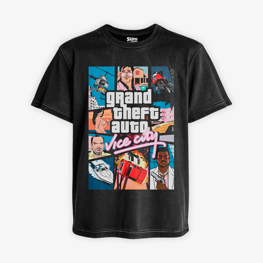 Polera Acid Wash Negra con el diseno de portada clasico de Grand Theft Auto Vice City, con Tommy Vercetti y otros personajes. Diseno frontal