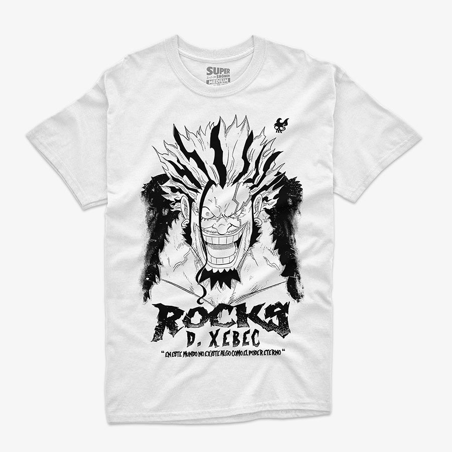 Polera Blanca  Rocks D Xebec de los Piratas de Rocks con una cara desafiante en impresion dtg chile