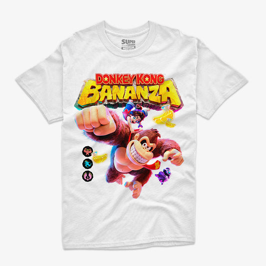Polera Blanca Donkey Kong Bananza con Donkey Kong y Pauline, diseño de aventura, colores vibrantes, algodón suave.