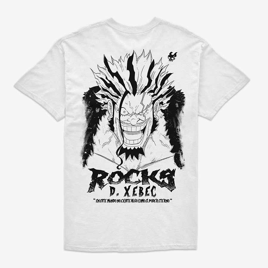 Polera Blanca Espalda Rocks D Xebec el legendario pirata de god valley de los piratas de rocks de One Piece ilustracion exclusiva impresion dtg