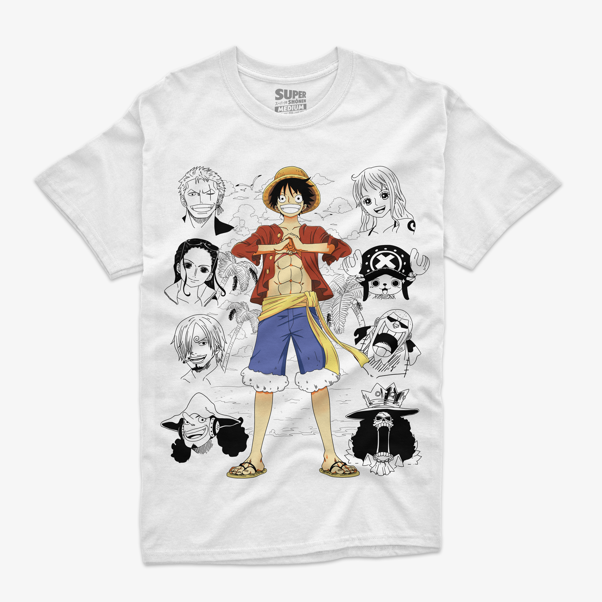 Polera Blanca con Ilustracion de los Mugiwaras Luffy Zoro Nami Chopper Sanji Usopp Brook y Franky 
