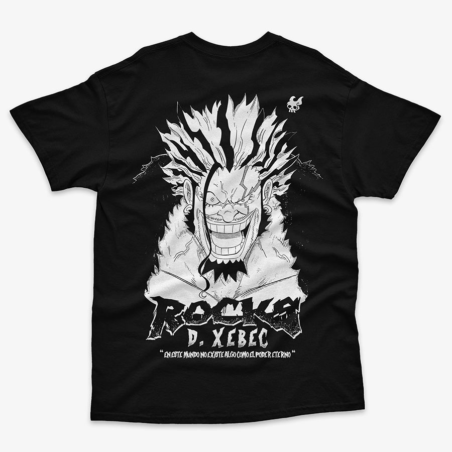 Polera Negra Espalda Rocks D Xebec el legendario pirata de god valley de los piratas de rocks de One Piece ilustracion exclusiva impresion dtg