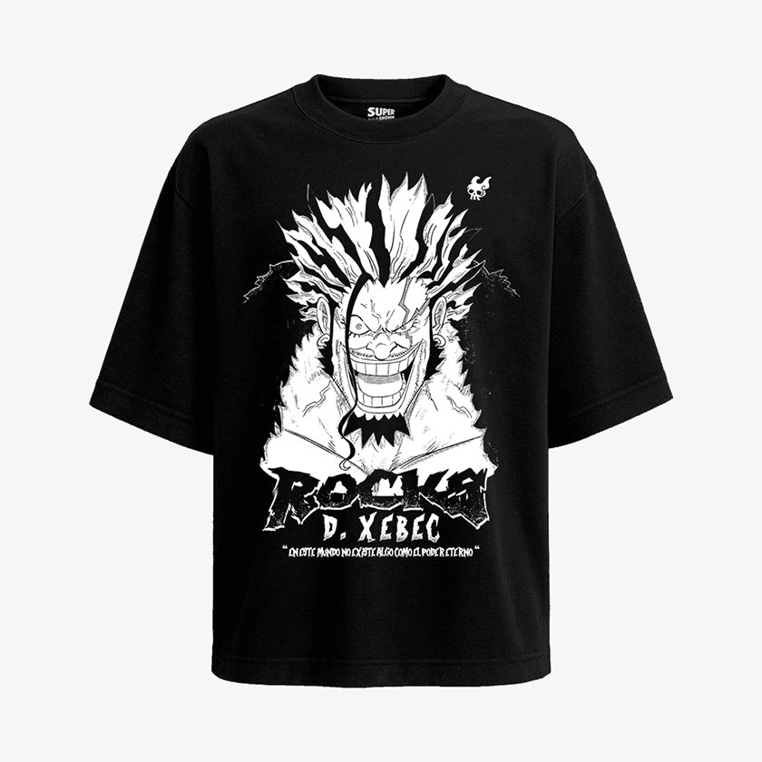Polera Negra Oversized Rocks D Xebec de los Piratas de Rocks con una cara desafiante en impresion dtg chile