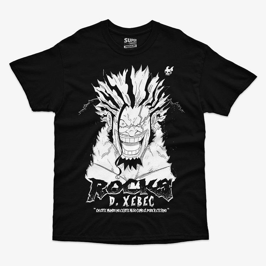 Polera Negra Rocks D Xebec de los Piratas de Rocks con una cara desafiante en impresion dtg chile