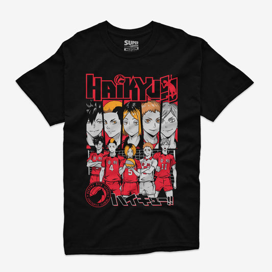 Polera Negra con la ilustración del equipo de volleyball Nekoma de Haikyuu!! en sus uniformes rojos y negros