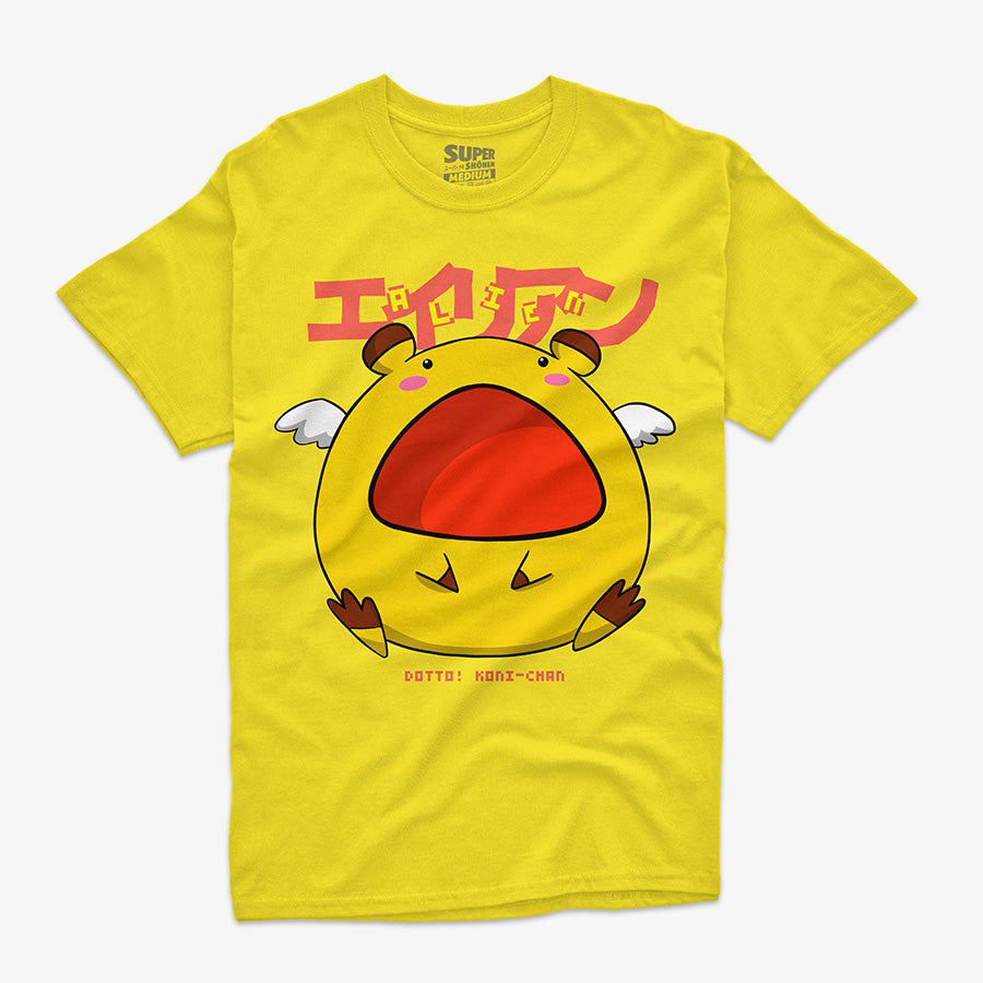 Polera amarilla de Dotto! Koni-chan con una ilustracion central de un alien redondo amarillo con alas blancas, boca roja abierta y ojos pequenos. Arriba tiene texto en japones en rojo y abajo 'DOTTO! KONI-CHAN'