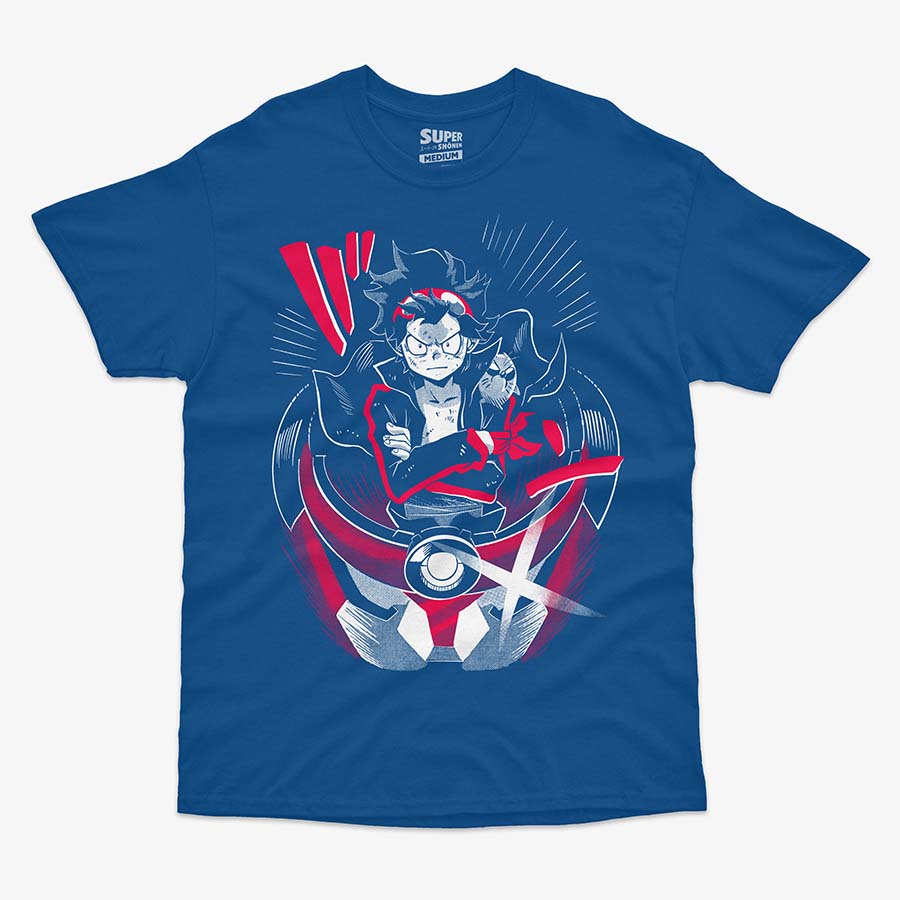 Polera azul de Simon de Tengen Toppa Gurren Lagann. Diseño central con Simon en pose de líder con los brazos cruzados, sobre el taladro Gurren Lagann, con colores rojo, blanco y azul