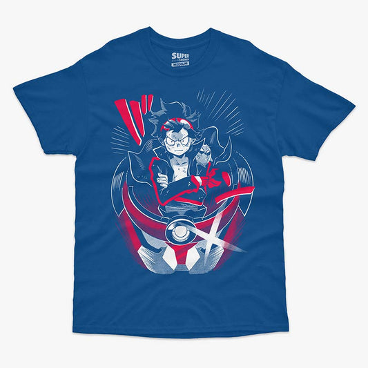 Polera azul de Simon de Tengen Toppa Gurren Lagann. Diseño central con Simon en pose de líder con los brazos cruzados, sobre el taladro Gurren Lagann, con colores rojo, blanco y azul