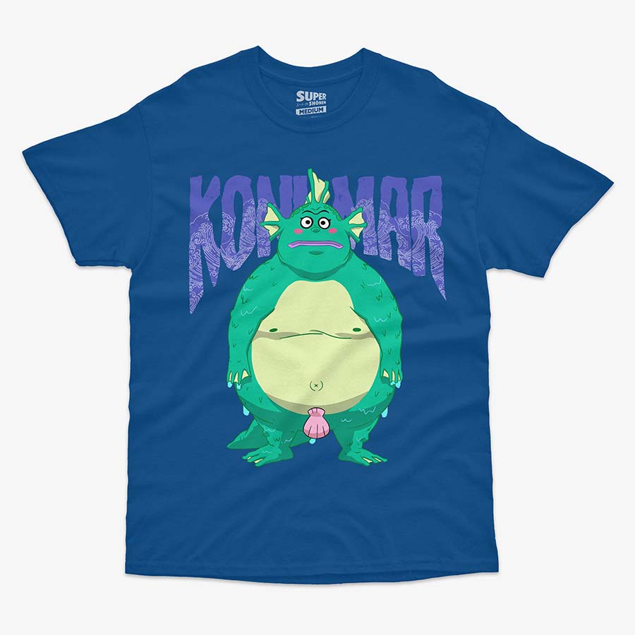 Polera azul rey de Dotto! Koni-chan. Diseno central del personaje Koni Mar, una criatura verde con aletas, branquias y una concha rosada, con el texto 'KONI MAR' en la parte superior en letras azules y con ondas