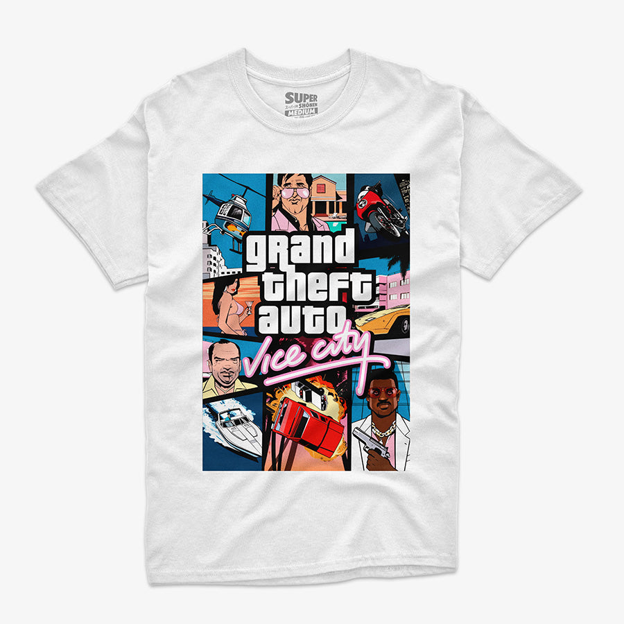 Polera blanca con el diseno de portada clasico de Grand Theft Auto Vice City, con Tommy Vercetti y otros personajes. Diseno frontal