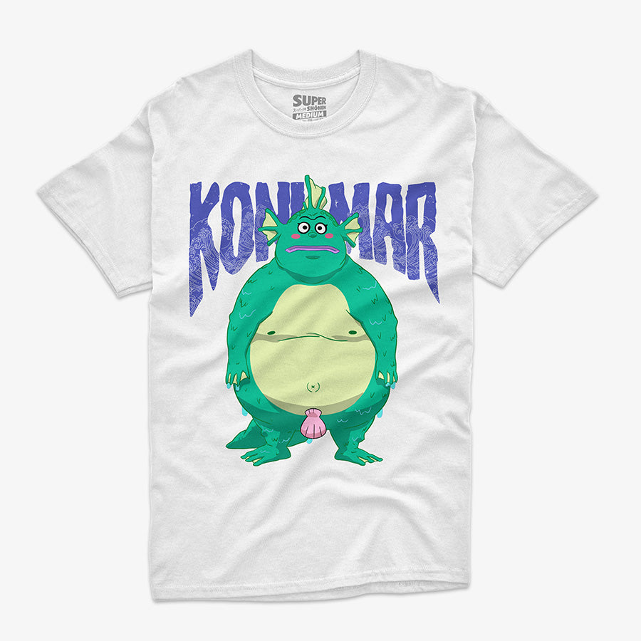 Polera blanca de Dotto! Koni-chan. Diseno central del personaje Koni Mar, una criatura verde con aletas, branquias y una concha rosada, con el texto 'KONI MAR' en la parte superior en letras azules y con ondas