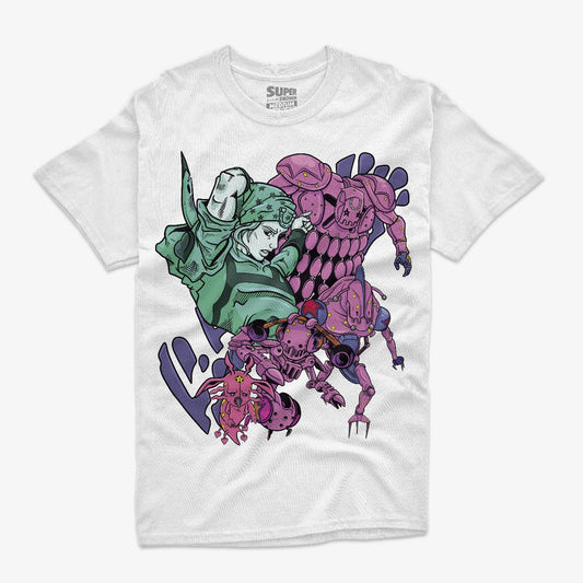 Polera blanca de JoJos Bizarre Adventure con ilustracion de Johnny Joestar y su Stand Tusk en estilo colorido inspirado en Steel Ball Run