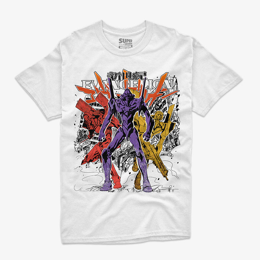 Polera blanca de Neon Genesis Evangelion. Diseño frontal de estilo grunge con los tres EVA Unit-01 (morado), Unit-00 (amarillo) y Unit-02 (rojo), sobre un fondo de ciudad destruida y texto 'EVANGELION'