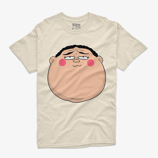 Polera color arena con una gran ilustracion de la cara del personaje de anime Koni-Chan con una expresion chistosa. El diseno se centra en la parte frontal de la polera