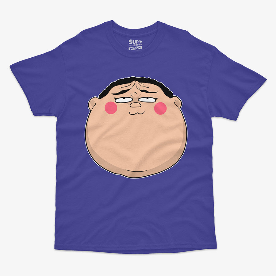 Polera morada con una gran ilustracion de la cara del personaje de anime Koni-Chan con una expresion chistosa. El diseno se centra en la parte frontal de la polera