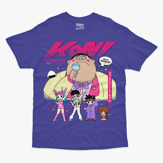 Polera morada con una gran ilustracion del personaje Koni-Chan en el centro cantando en un microfono, rodeado de cuatro personajes mas pequenos bailando. El texto 'KONI IN CONCERT' aparece arriba. El diseno es el mismo para el frente.