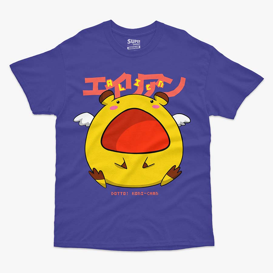 Polera morada de Dotto! Koni-chan con una ilustracion central de un alien redondo amarillo con alas blancas, boca roja abierta y ojos pequenos. Arriba tiene texto en japones en rojo y abajo 'DOTTO! KONI-CHAN'