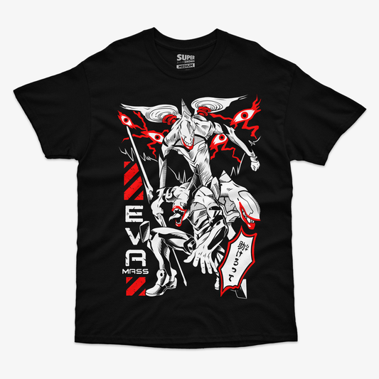 Polera negra con diseño de Mass Production enemigos de evangelion