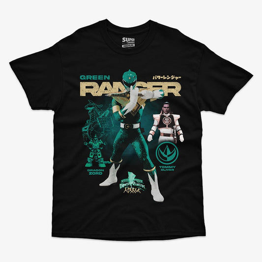 Polera negra con  diseño del power ranger verde Tommy Oliver, en pose de batalla. En el diseño se incluye una ilustración de  Dragonzord.