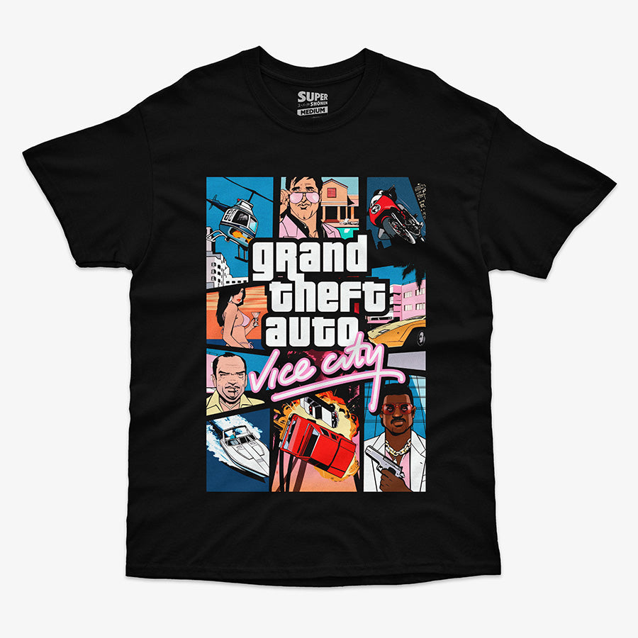 Polera negra con el diseno de portada clasico de Grand Theft Auto Vice City, con Tommy Vercetti y otros personajes. Diseno frontal