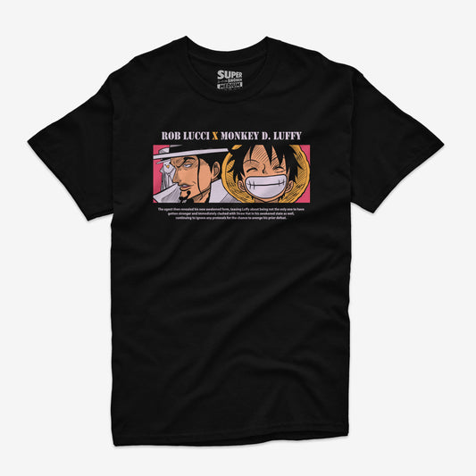 Polera negra con la ilustración frontal de Luffy y Lucci enfrentándose, y la ilustración de Luffy Gear 5 vs Lucci en la espalda
