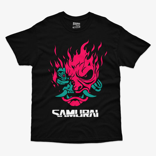 Polera negra con logo Samurai en rojo glitch (vista frontal)