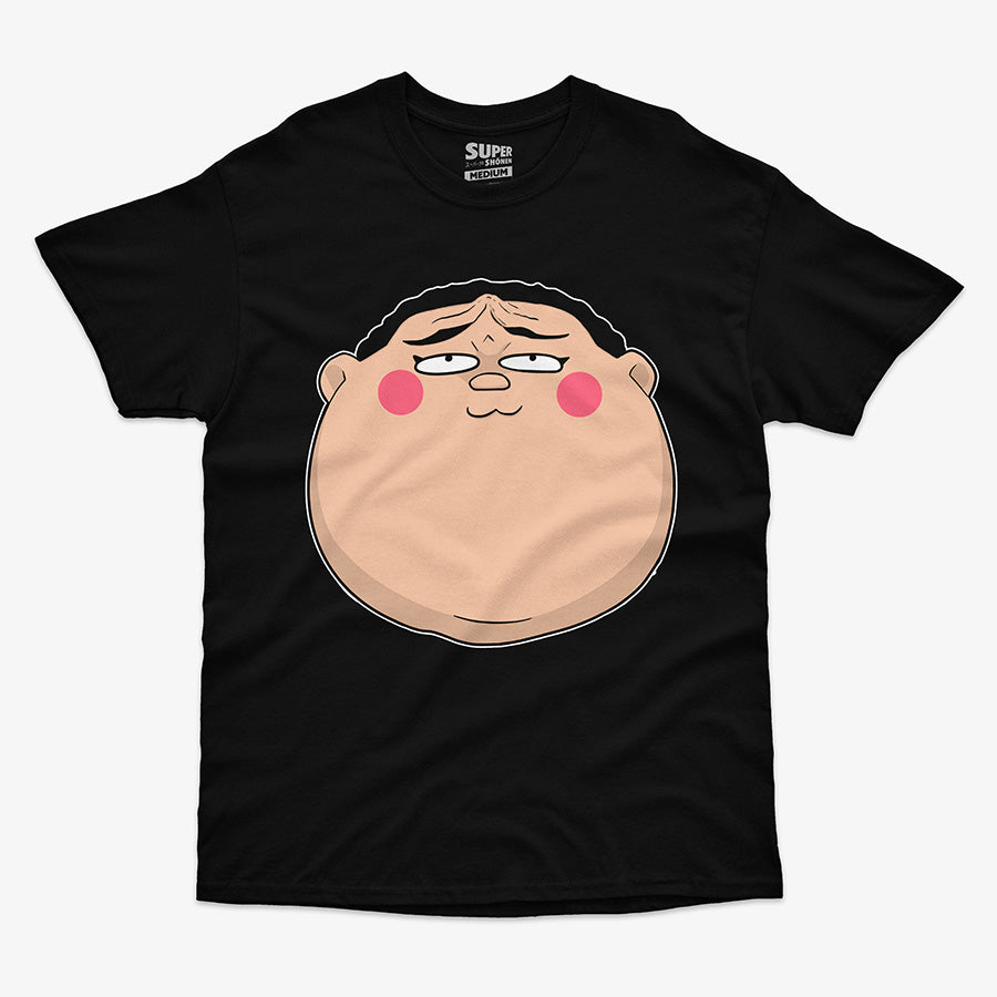 Polera negra con una gran ilustracion de la cara del personaje de anime Koni-Chan con una expresion chistosa. El diseno se centra en la parte frontal de la polera