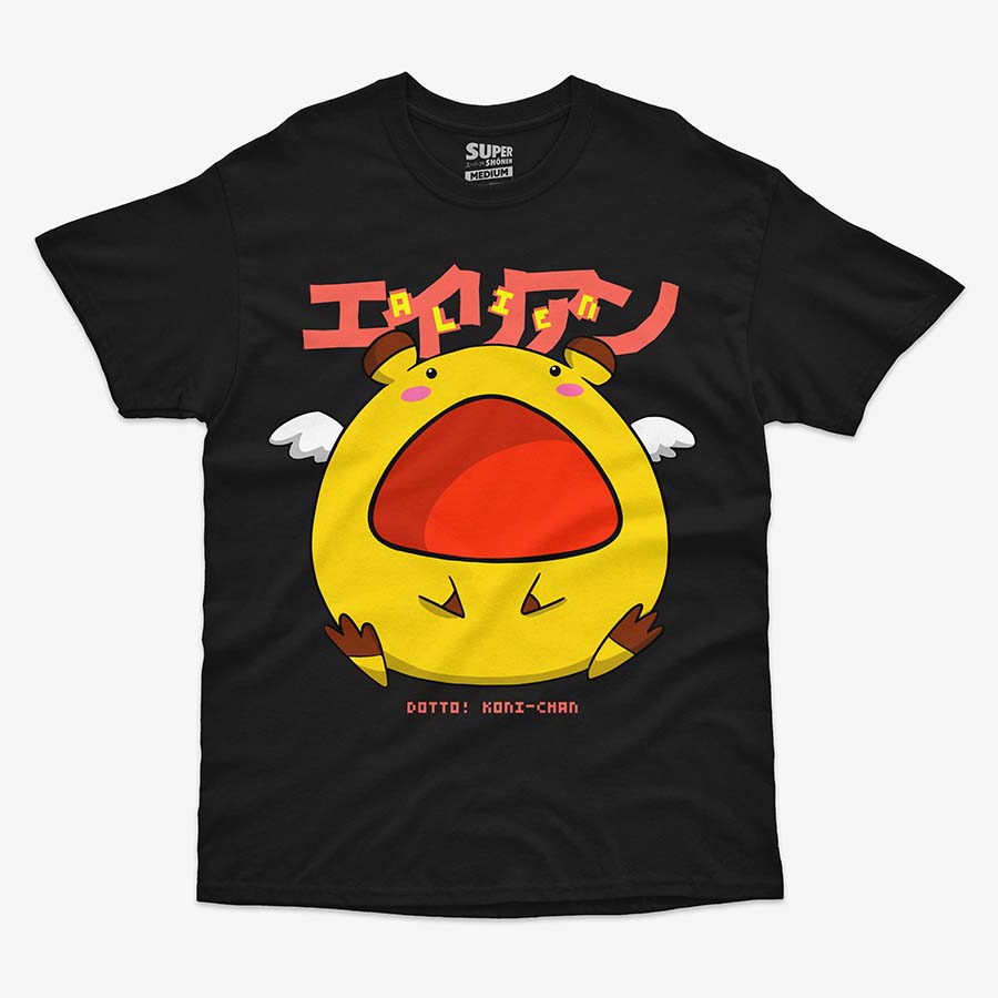 Polera negra de Dotto! Koni-chan con una ilustracion central de un alien redondo amarillo con alas blancas, boca roja abierta y ojos pequenos. Arriba tiene texto en japones en rojo y abajo 'DOTTO! KONI-CHAN'