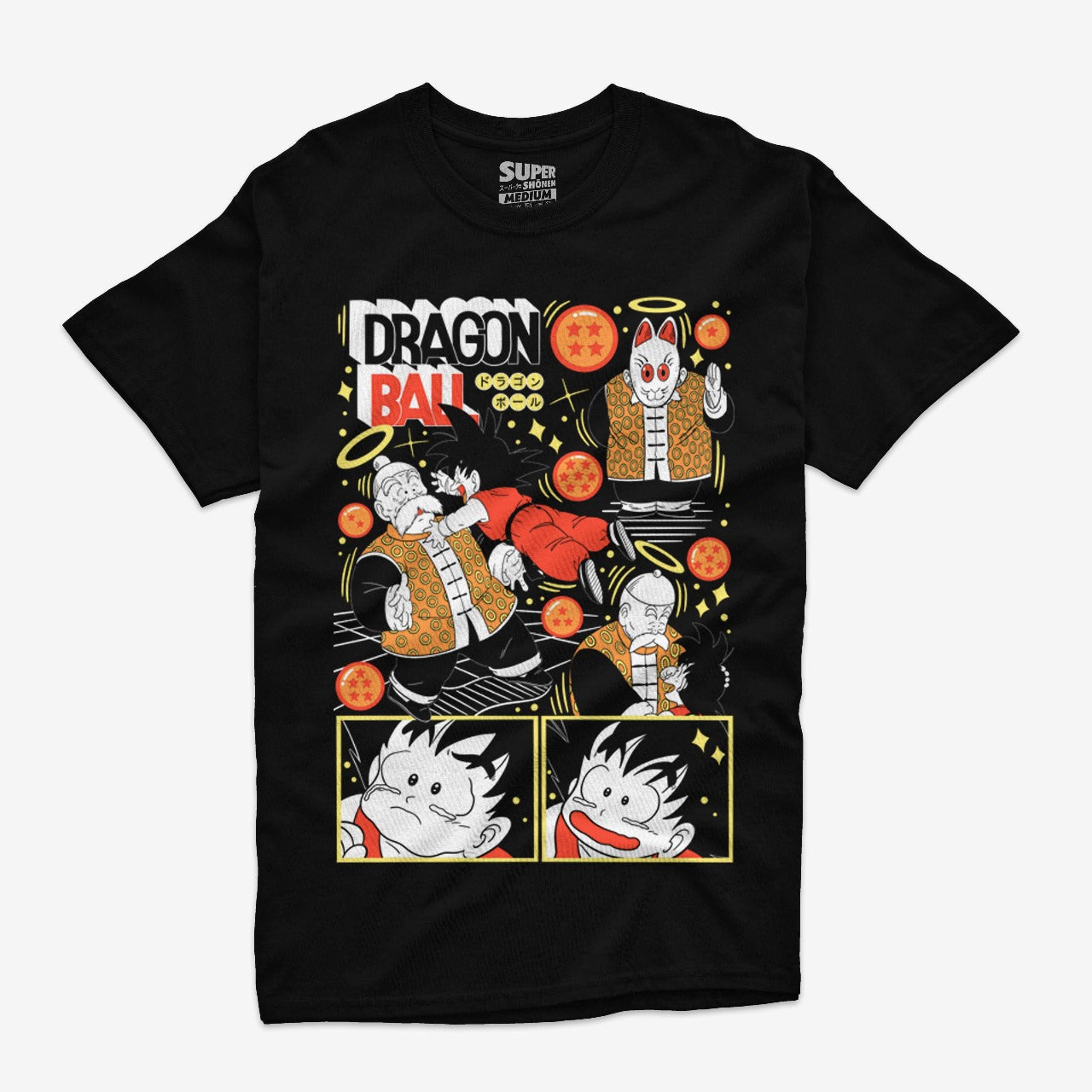 Polera negra de Dragon Ball con ilustración de Gokú junto a su abuelo Son Gohan en el Otro Mundo, rodeados de esferas del dragón