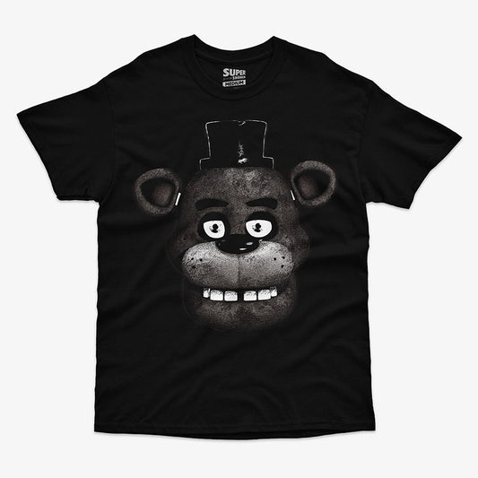 Polera negra de Freddy Fazbear de Five Nights at Freddy's. Diseño frontal solo del rostro del oso animatrónico en blanco y negro con sombrero de copa